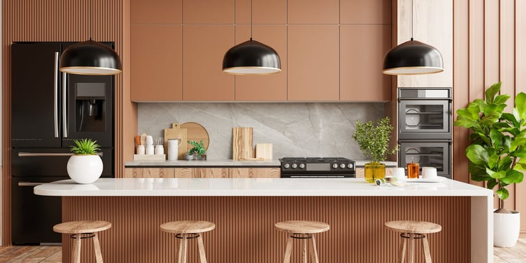Modern kitchen interior with island, wooden stools and stylish lighting
