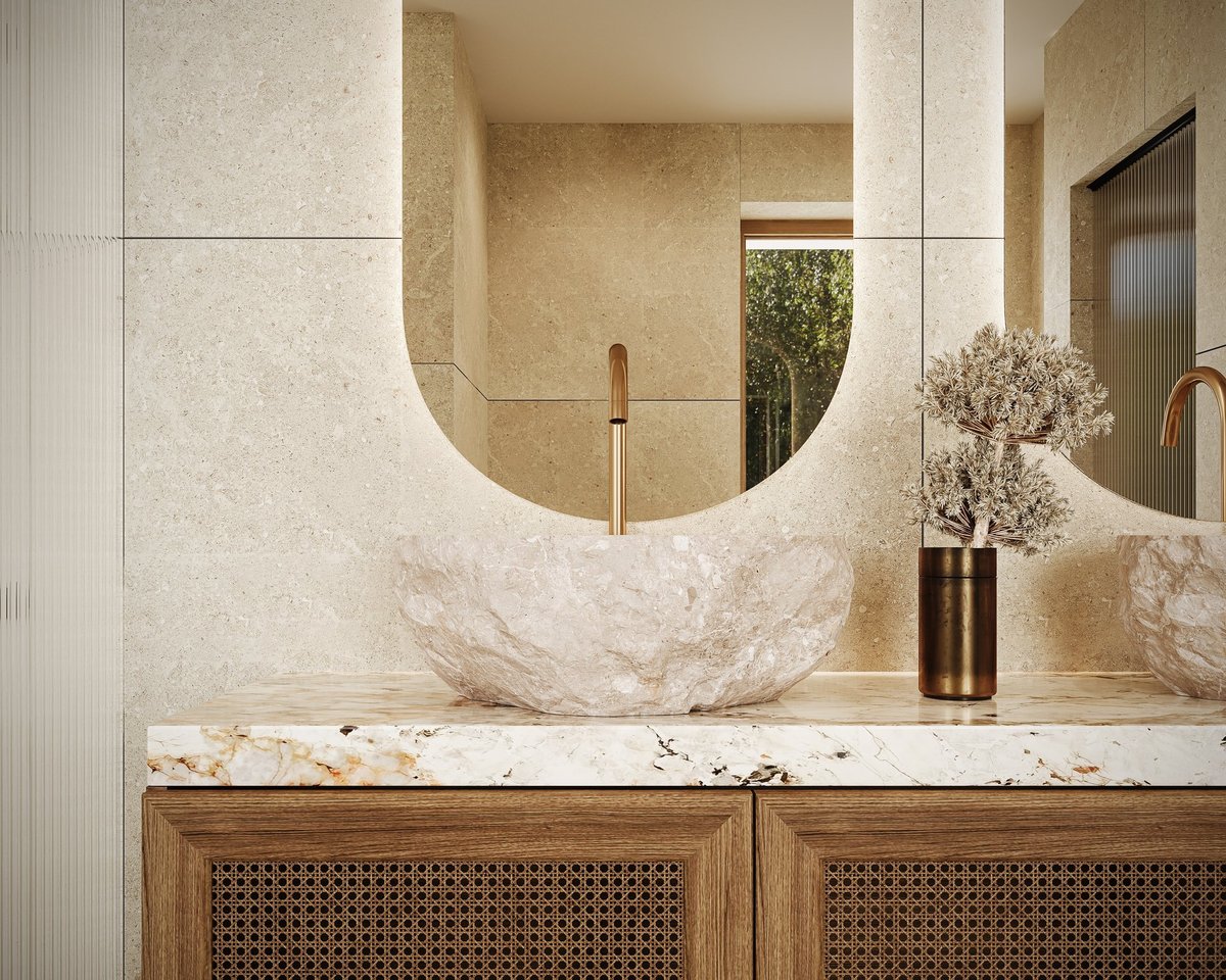 Modern bathroom vanity design. Contemporary bathroom interior. 3D Rendering