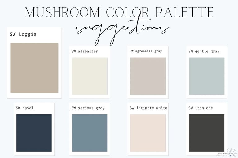 Mushroom color palette with 8 paint swatches including loggia, alabaster, naval, and other neutral earth tone colors with Sherwin Williams labels