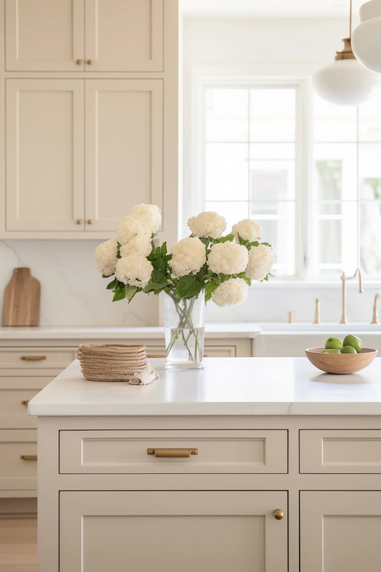 Bright kitchen with cream cabinets, white island featuring a glass vase of white hydrangeas, woven basket, and wooden bowl with green apples