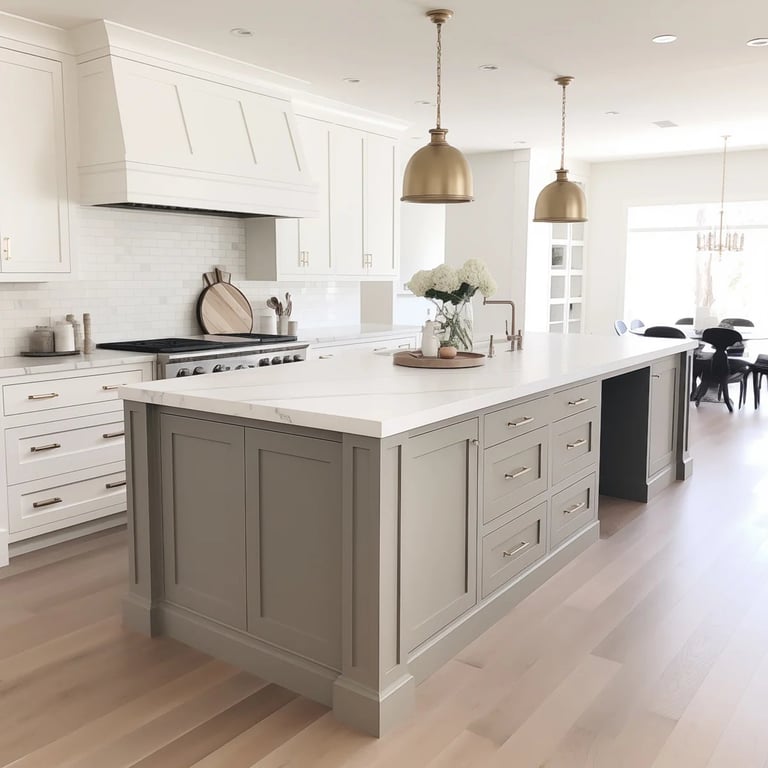Modern kitchen with white cabinetry, large island with white countertop, brass pendant lights, and hardwood flooring